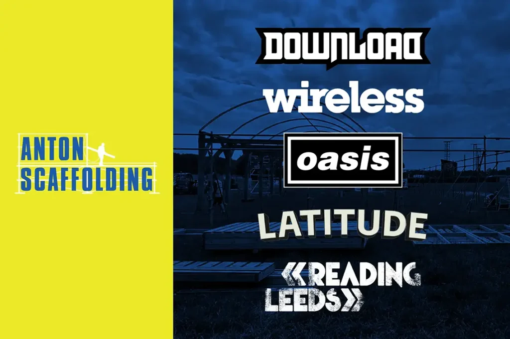 Graphic showing Anton Scaffolding's logo and the logos of Download Festival, Wireless, Latitude, Reading & Leeds and Oasis